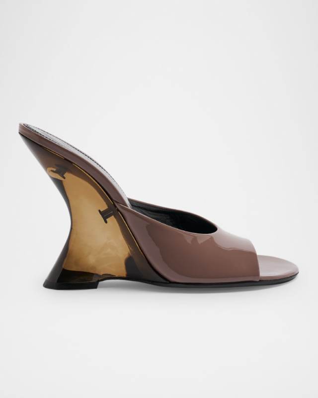Shiny Leather Lucite-Wedge Mule Sandals
